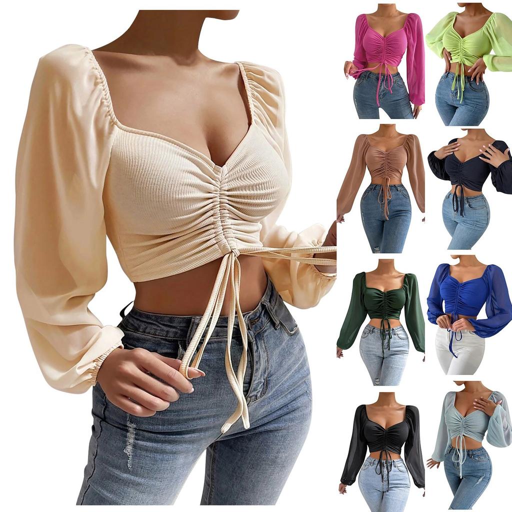 Ladies Casual Solid Color Square Neck Pullover Mesh Splicing Sexy Fashion Top