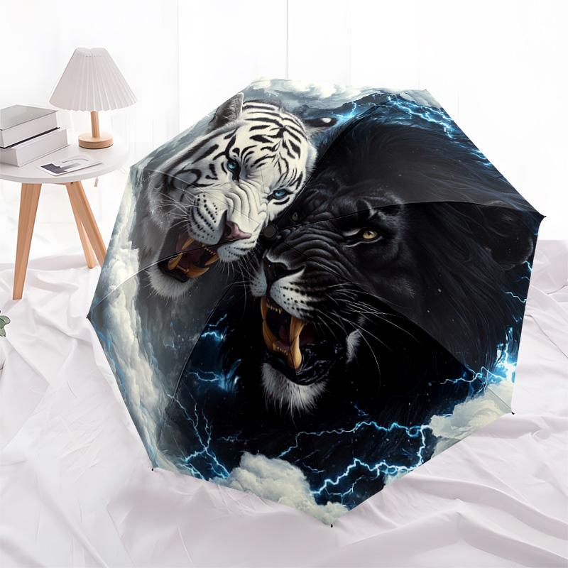 1 PC Automatic Folding Umbrella - Yin Yang Tiger Lion Pattern, Portable & Foldable Design with 8 Ribs, Christmas Birthday Gifts
