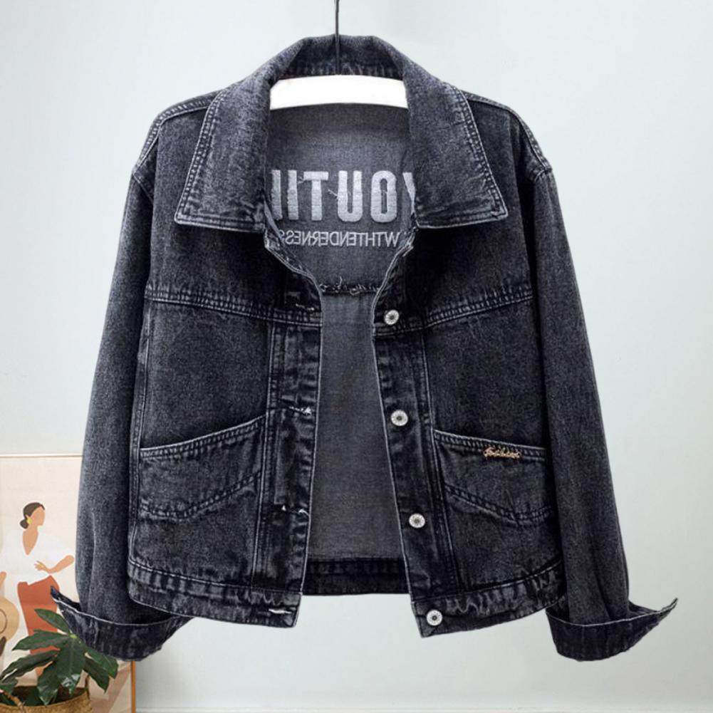 Damenjacke Umlegekragen Langarm Einreihig Einfarbig Knöpfe Stickerei Taschen Kurzer Typ Denim Hip Hop Street
