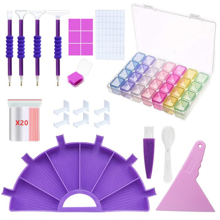 All in One Diamond Painting Tool Kit with 4 Pens 28 Grid Storage Box Sorting Tray Wax Pads Bags Labels Brush Spoon and Correction Tool