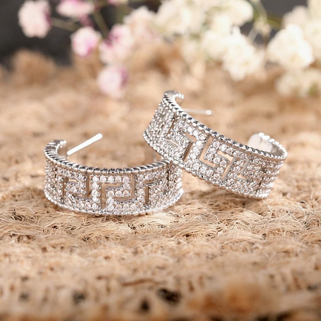 Geometric Pattern Paved Earrings for Women Fashion Hollow Design Sparkling Earrings for Party and Daily Wear