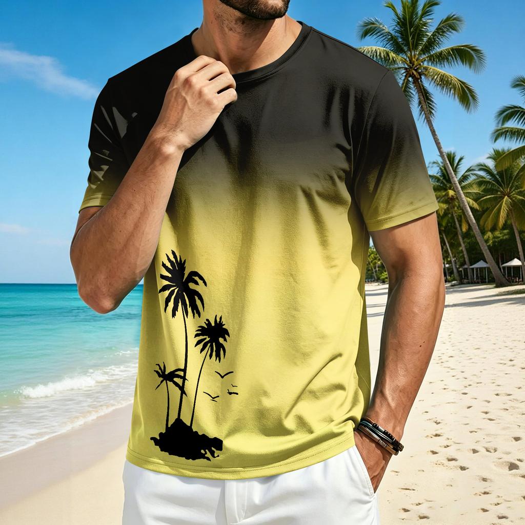Men’s Summer Crew Neck Short Sleeve T Shirt with Hawaiian Print Casual Comfortable Fit Lightweight Top