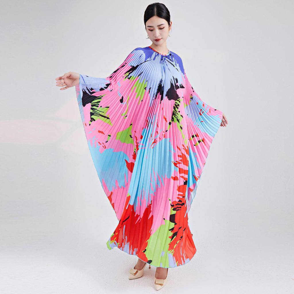 European & American Plus Size Printed Irregular Pleated Long Dress - Vacation Style