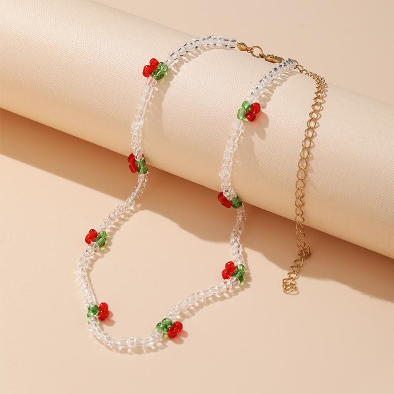 Summer Lovely Rice Beaded Beaded Necklace Fresh With Cherry Necklace Women Choker Clavicle Chain Jewelry Gift
