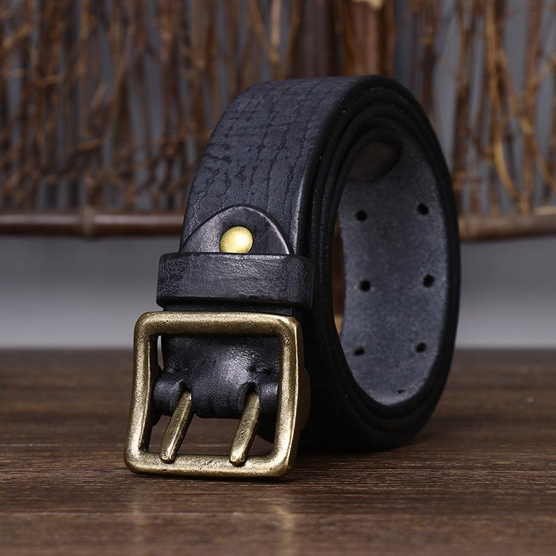 2024 New Korean Retro Vintage Vintage Fashion Personalized Double Needle Copper Buckle Belt Men's Genuine Leather Pure Cowhide Cowboy Belt