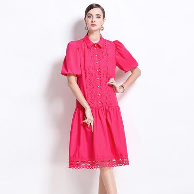 Summer Women Turn-down Collar Puff Sleeve Loose Lace Patchwork Shirt Dresses