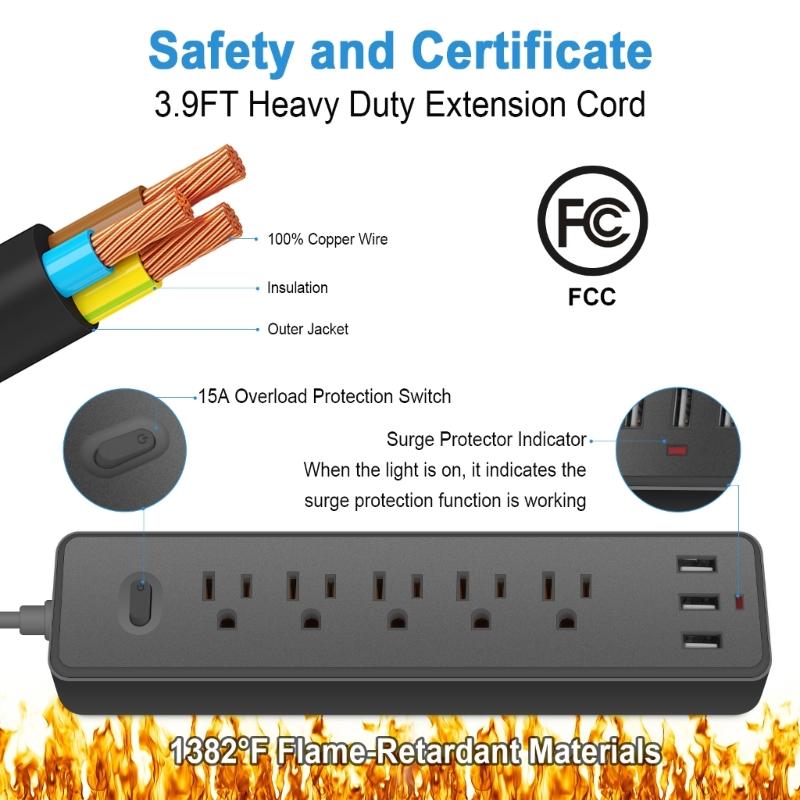 8 in 1 Power Strip Surge Protector US Plug Wall Outlet Adapter with 5pcs Widely-Spaced AC-Outlets & 3x USB Ports