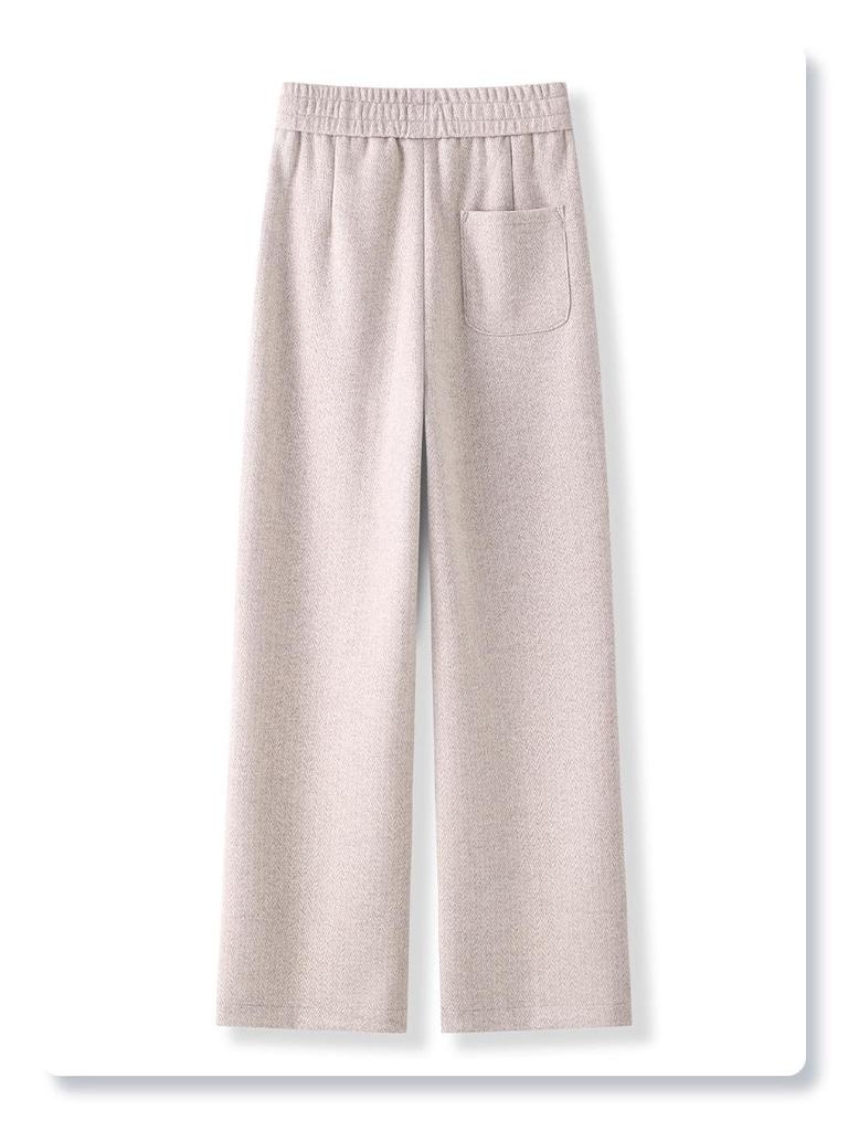 2024 New Beige Wool Blend Women's Wide-Leg Pants - Autumn/Winter Casual Straight-Leg Style