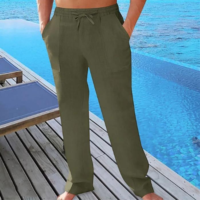 Cross-border men's casual summer breathable pants waist drawstring pockets cotton and linen trousers beach pants