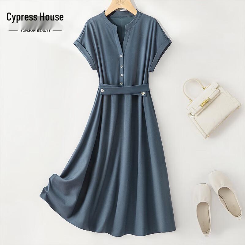Women s V-Neck High-Waist A-Line Shirt Dress L