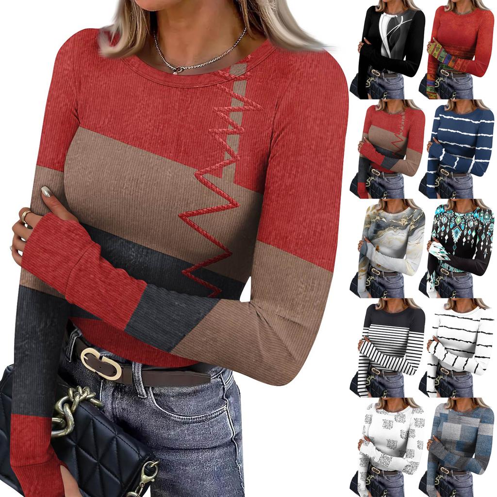 Women's  And Winter Slim Bottom T-shirt Fashion Casual Gradient Printing Round Neck Pullover Long Sleeve Top