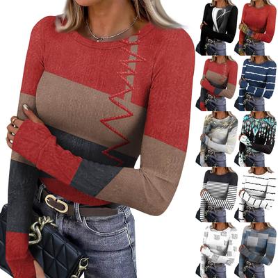 Women's  And Winter Slim Bottom T-shirt Fashion Casual Gradient Printing Round Neck Pullover Long Sleeve Top