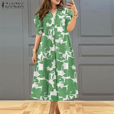 Womens Casual V-Neck Short Sleeve Print Long Dress