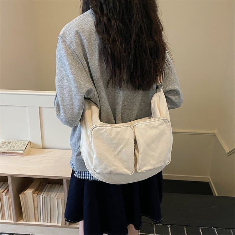 Washed canvas multi-pocket messenger bag women s shoulder bag