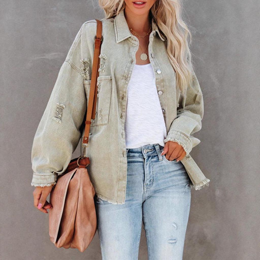2025 European & American Style Distressed Ripped Denim Jacket for Women