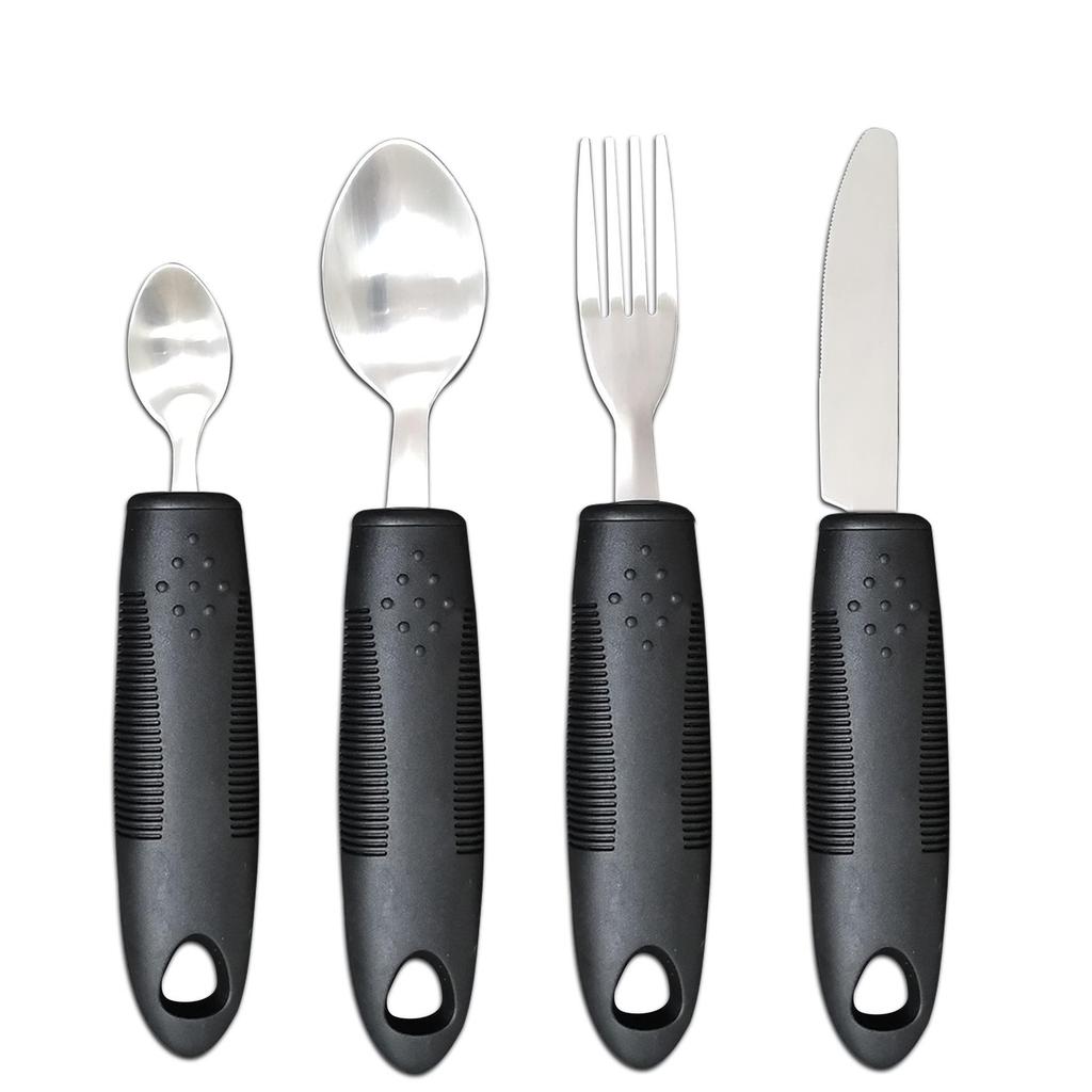 Adaptive Stainless Steel Anti-Tremor Tableware Set: Ergonomic Knife, Fork, Spoon with Rubber and Plastic Handles for Elderly Assistance