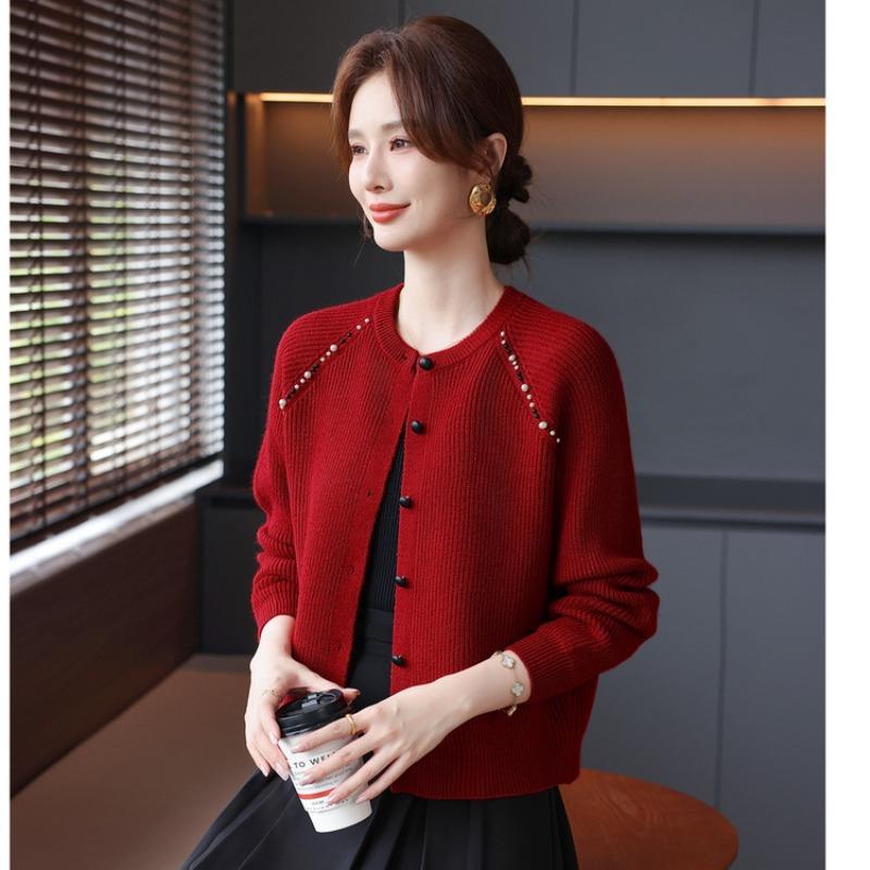 Autumn new sweater casual versatile fresh round neck beaded top women's knitted cardigan jacket