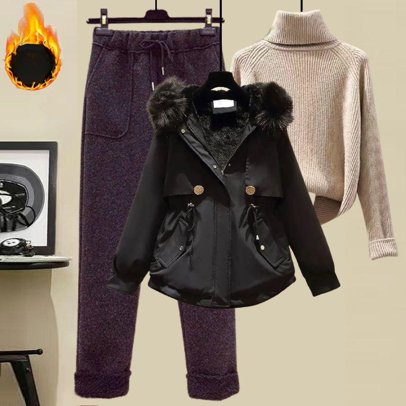 Women's Winter Suit Parker Jacket   Woolen Casual Pants + Turtleneck Sweater Fashion Three-piece Suit Women