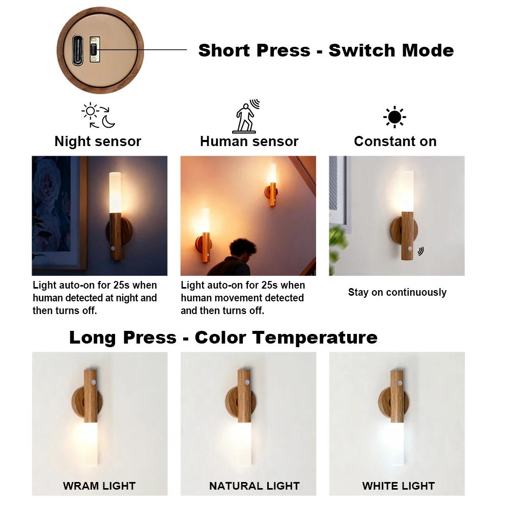 Motion Sensor LED Night Light Magnetic Portable Rechargeable Wall Lamp Indoor Small Djustable Cool and Warm Color Temperature