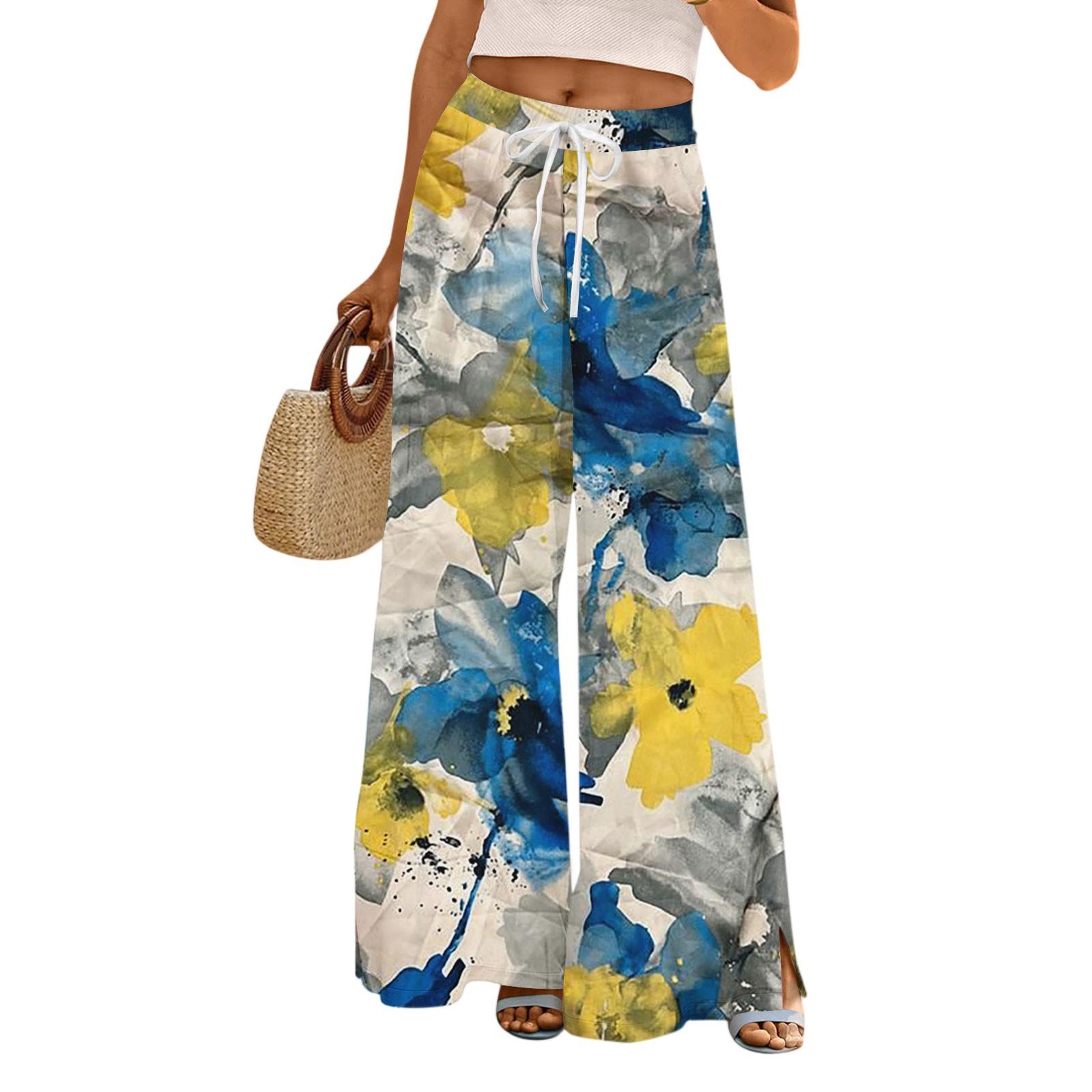 

Women s Printed Wide Leg Pants With Pockets High Waist Drawstring Loose Casual Pants L темно-синього кольору