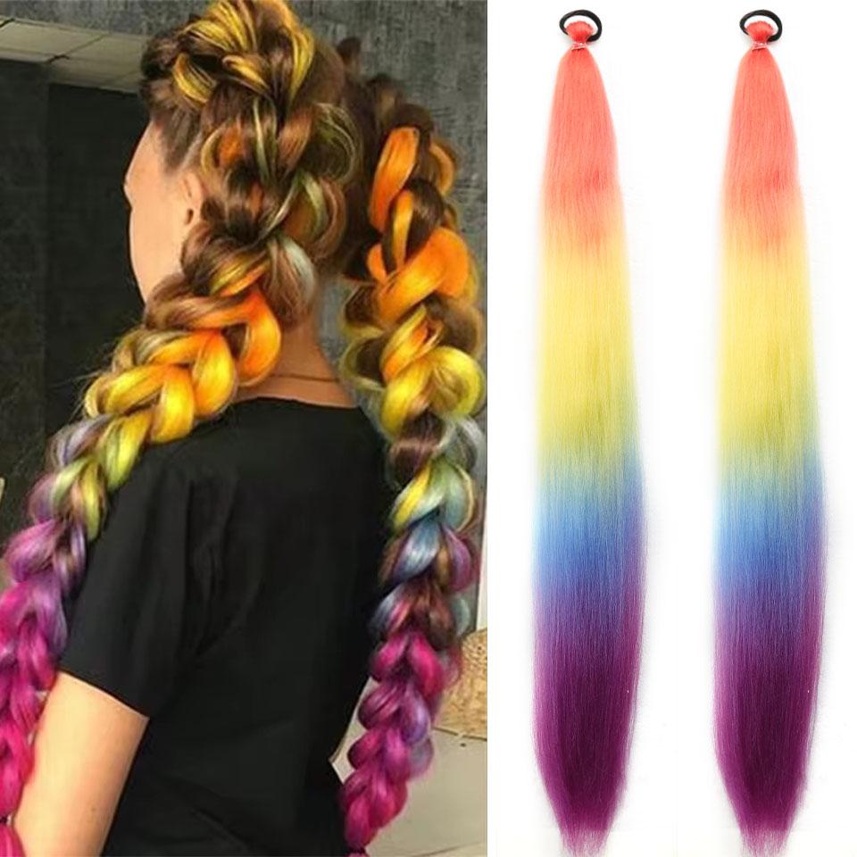 

Синтетические 2 шт./упак. Цветные косички-хвосты для наращивания волос 24 дюйма Прямой хвост с эластичной резинкой для волос Аксессуары для волос