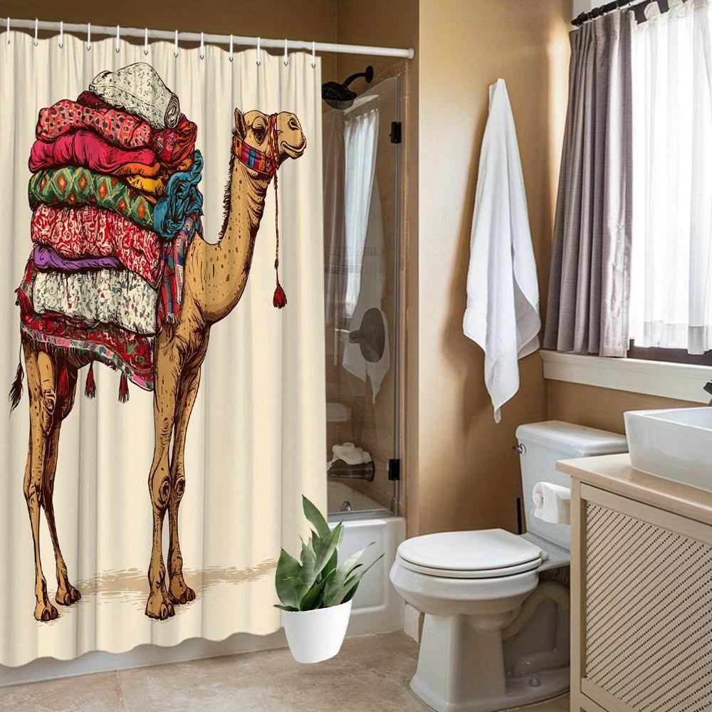 Funny Camel Shower Curtain, Colorful Blanket Stack Bath Curtain, Quirky Animal Bathroom Decor, Waterproof Fabric