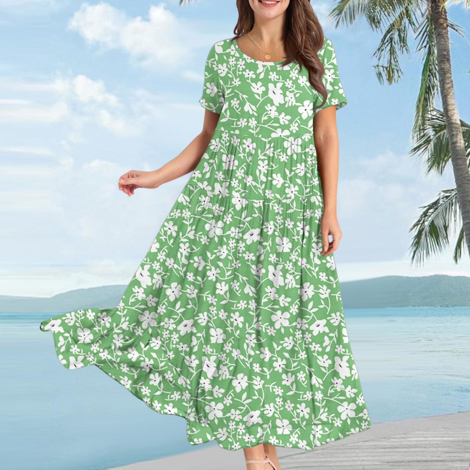 

Женское повседневное свободное богемное платье с цветочным принтом, длинное макси-платье с коротким рукавом, летнее пляжное платье-качели XXL зелёный