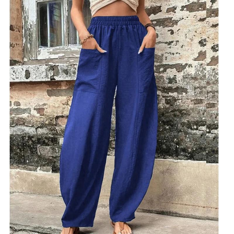 Casual Solid Color Elastic Waist Straight Pants With Pockets For Women Summer  Fashion Loose Ladies Trousers Pantalon