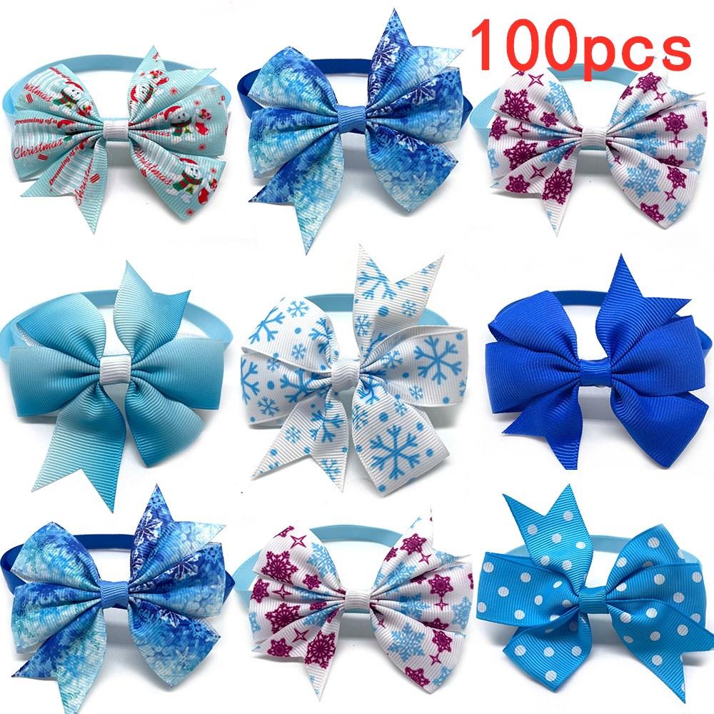 50/100pcs Pet Dog Winter Accessories Small Dogs Cat Bowties Neckteis Snowflake Style Dog Grooming Products Dog Holiday Blue Bows