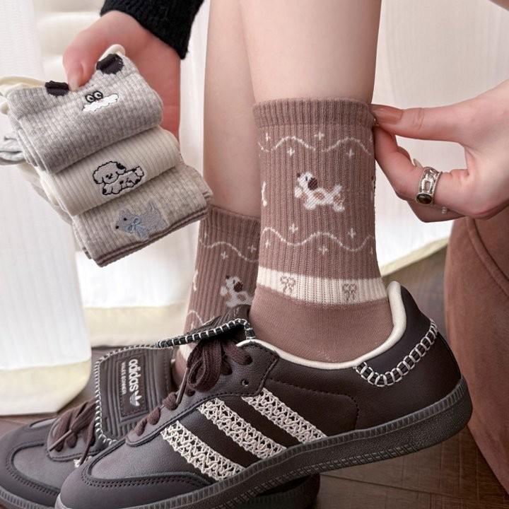 Cute Puppy Embroidered Mid-Calf Socks - Spring/Summer Japanese Style Rolled Cuff Cotton Socks for Girls