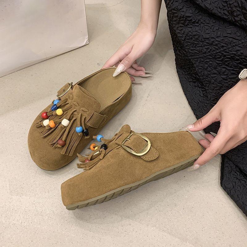 Retro Tassel Heightened Versatile Bag Head Women's Spring and Autumn New Thick-soled Small Casual Slippers