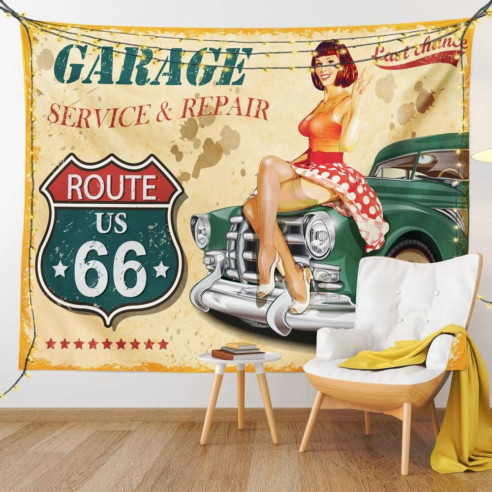 Route 66 Tapestry Vintage Desert Highway Wall Hanging American Retro Polyester Fabric Bar Man Cave Bedroom Decor