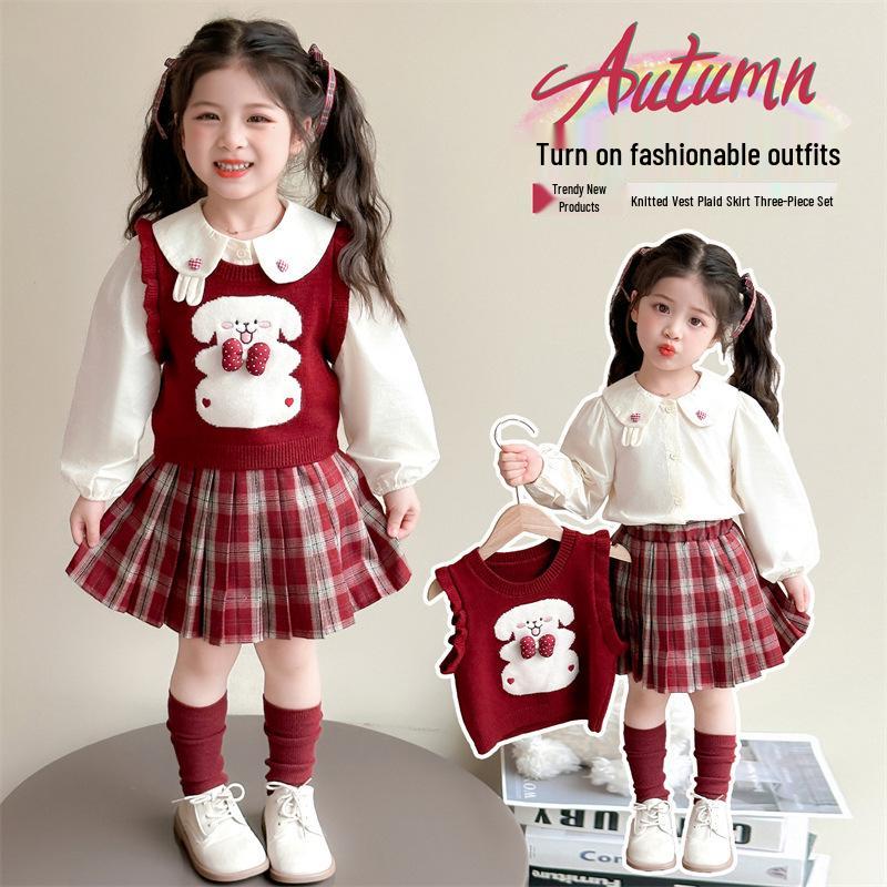 Autumn 2025 Girls' Cartoon Sweater Vest & JK Plaid Skirt Set