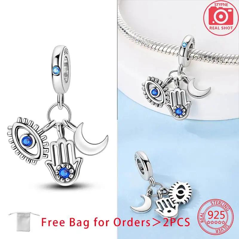 Charm Bead Components Shiny Zircon Blue Devil's Eye and Fatisha's Hand Bead Components Copper Metal Pendant Bead Component Compatible With Do It