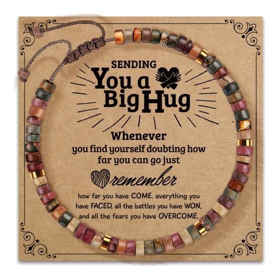 Boho Wood Bead Bracelet Wooden Flat Beads Bracelet Adjustable Friendship Bracelet with Inspirational Card Gift for Men Women