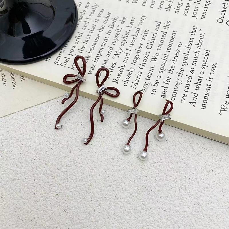 Red Bow Ribbon Zircon Earrings Imitating Pearl Vintage Design Elegant Fashionable Simple Daily Earrings Women's Party Jewelry
