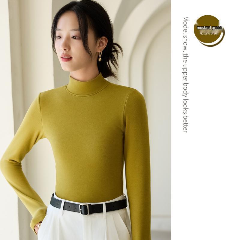 Women's Korean Style Wool Tencel Lyocell Base Layer Top with Semi-High Neck and Long Sleeves - Mia Biya Warm Underwear