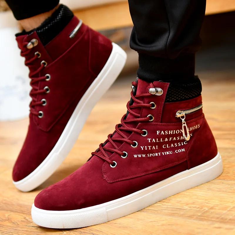 

Модные зимние высокие мужские туфли из кожи, мужские теплые меховые кроссовки для отдыха на природе, модные ботильоны на шнуровке, удобные мужские теннисные туфли из хлопка 48 красный
