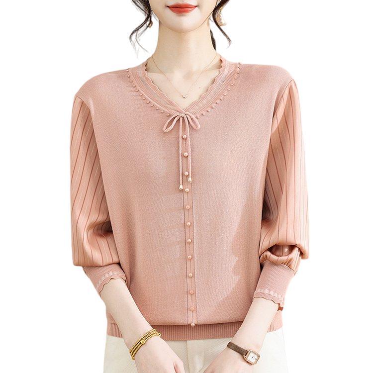 Fashion Casual V-Neck Lace-Up Knitwear Pullover for Women: Long-Sleeved Mother's Day Top