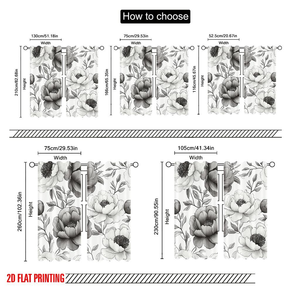 2pcs,2D Plane Printing Curtains Digital Printed Monochrome Blooms Versatile Durable Polyester (without Rod) Festive Perfect for