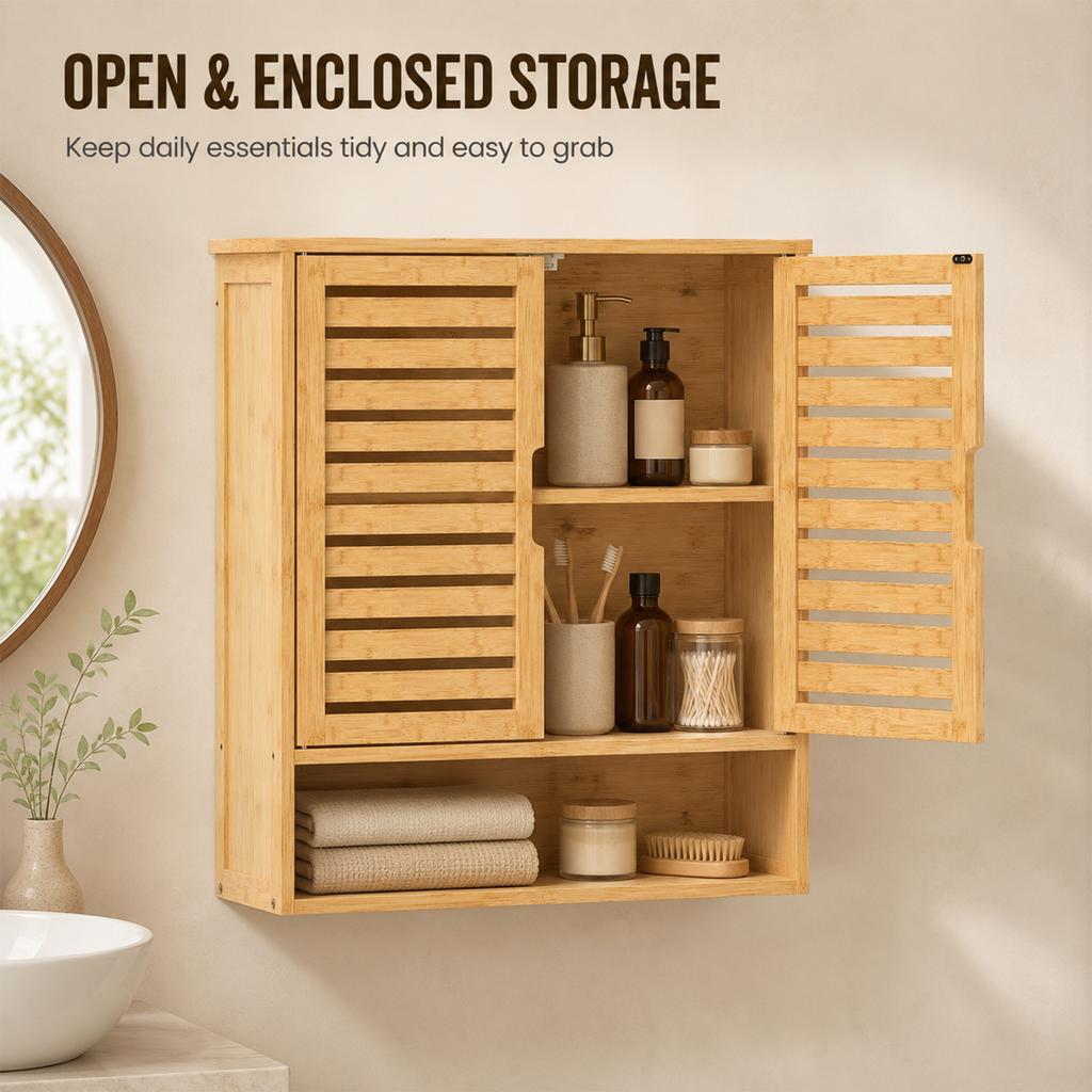Bathroom Wall Cabinet, Wall Mounted Bathroom Cabinet with 2 Louvered Doors, Open Shelf and Adjustable Shelf Storage