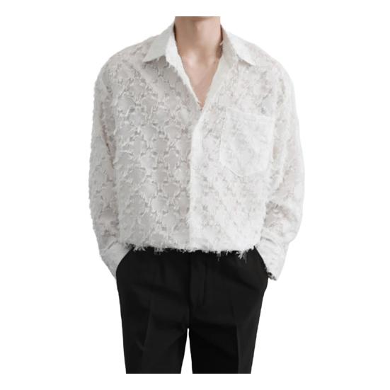 

Мужская рубашка с нагрудным карманом и кисточками, отложным воротником, однобортная, с длинными рукавами, однотонная M белый