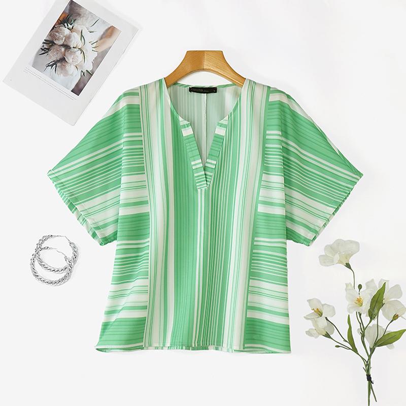 ZANZEA Women Summer V-Neck Loose Irregular Stripe Short Sleeve Blouse