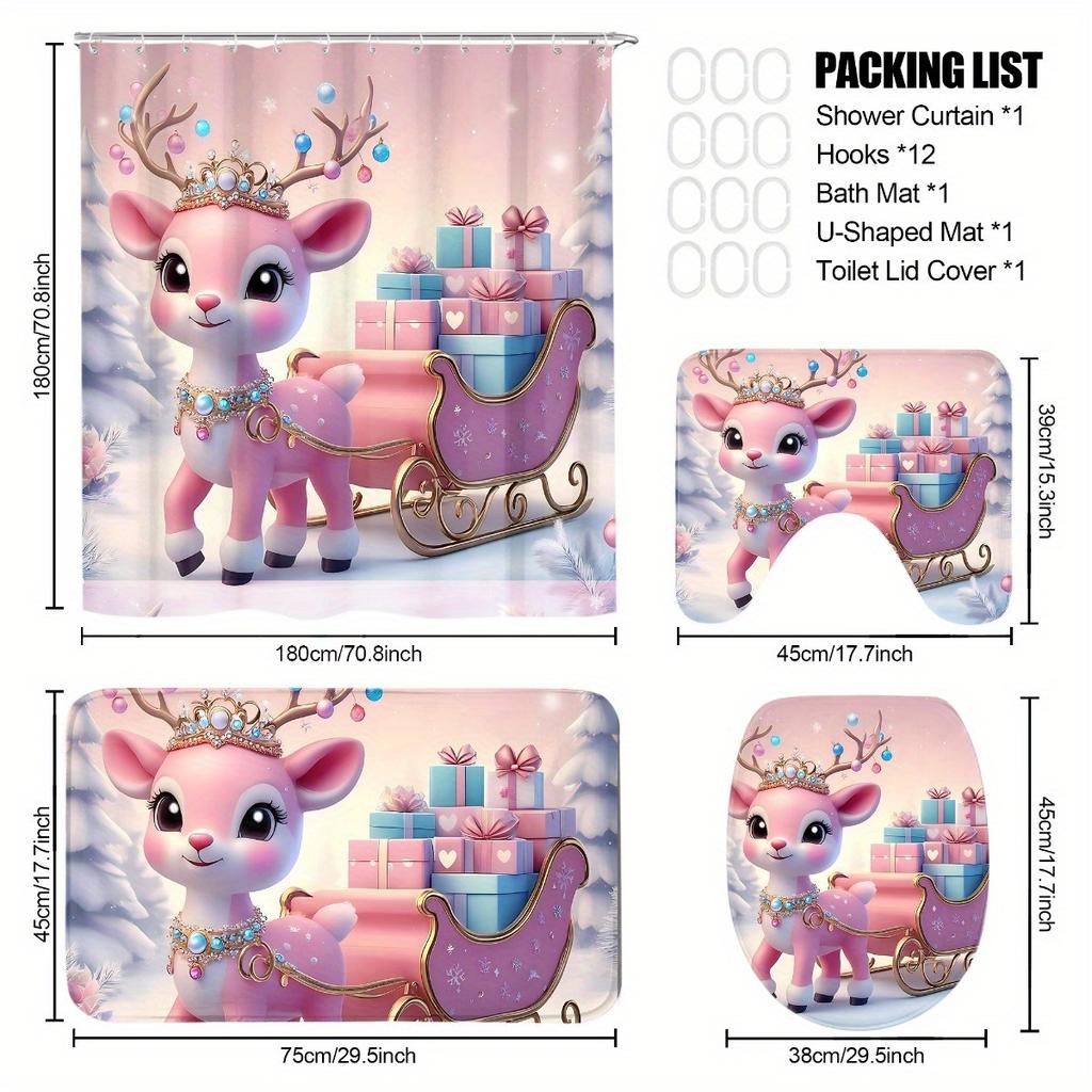4Pcs Bathroom Shower Curtain Set Pink Deer Pattern Bathroom Curtain With 12 Hooks Non Slip Rugs Toilet Cover Mat Bathroom Partition