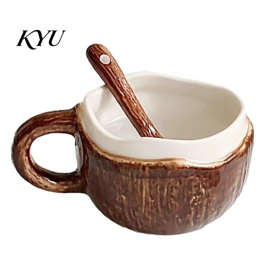 Bicchieri Decorativi da Cucina Vintage Guscio di Cocco Tazza in Ceramica, Tazza da Caffè Irregolare Fatta a Mano con Cucchiaino, Tazza Smaltata Facile da Pulire Texture Rustica