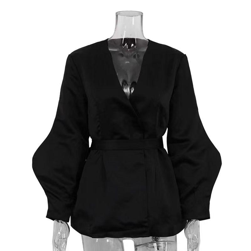 

French Style New Arrival Long Sleeves V-neck Lace up Elegant Versatile Top Long Sleeved V-neck Tied Top Black M