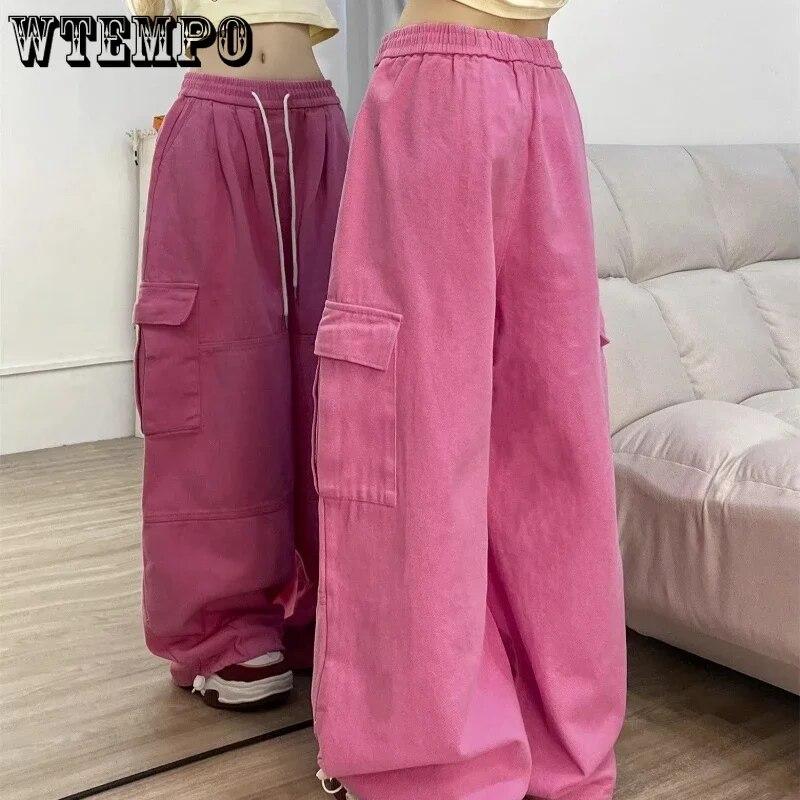 WTEMPO Różowe, ściągane sznurkiem, workowate spodnie cargo Y2K damskie, elastyczny pas, spodnie dresowe Vintage Street z szerokimi nogawkami