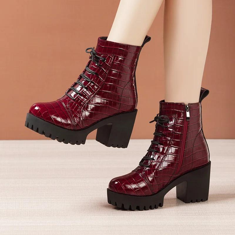 8cm Small Size 32-43 British Thick Bottom Platform Shoes Fall Winter 2025 Block High Heels Leather Short Ankle Boots for Women