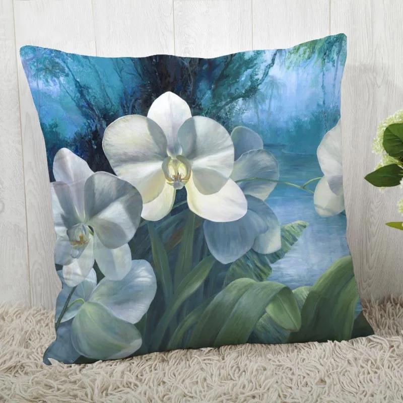 Neue Orchideenmalerei Kissenbezug Schlafzimmer Home Office Dekorative Blumen Kissenhülle Quadratisch Reißverschluss Kissenbezüge Satin Weich Kein Ausbleichen