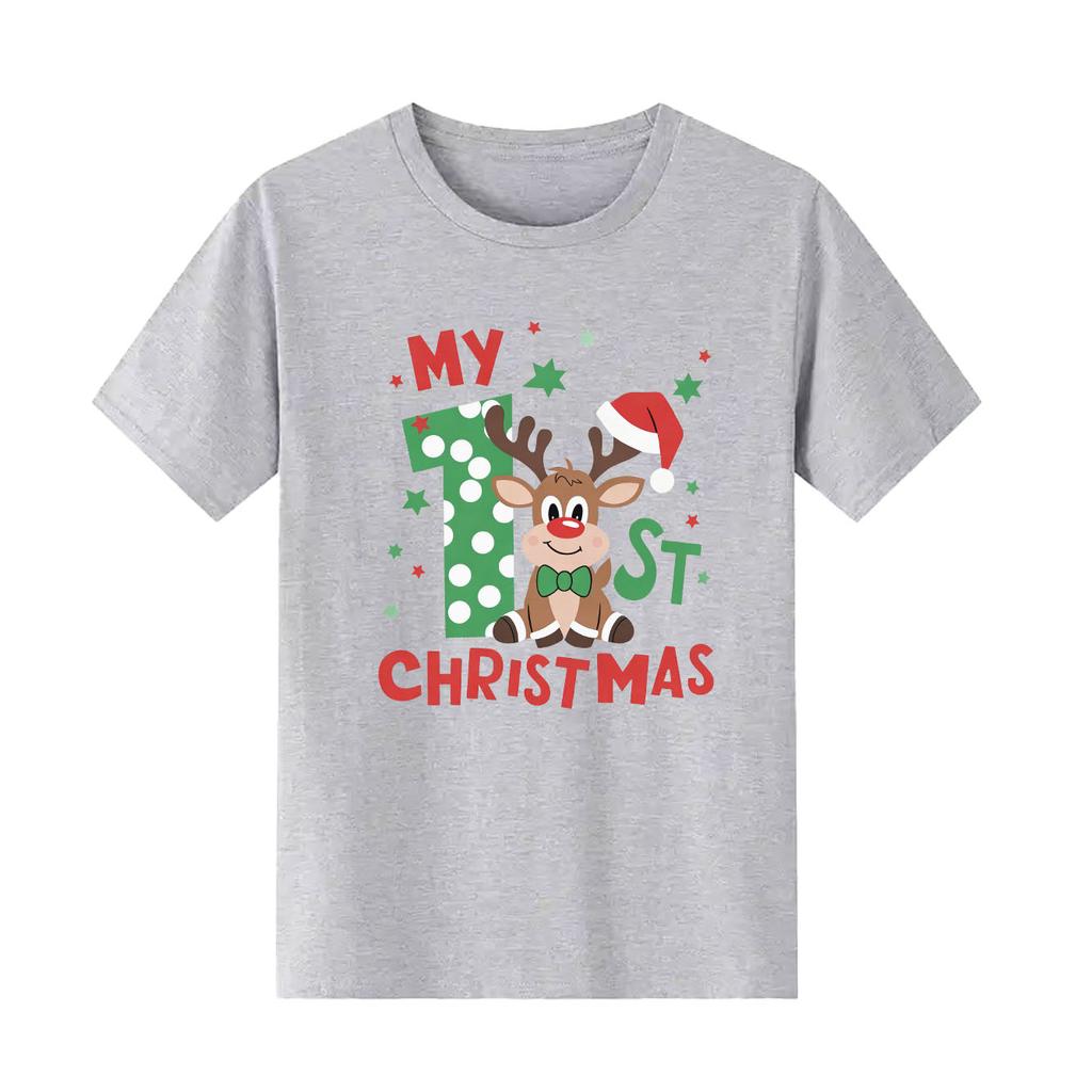 Christmas reindeer cartoon print Womens short sleeved holiday Tshirt summer round neck suitable for daily versatility